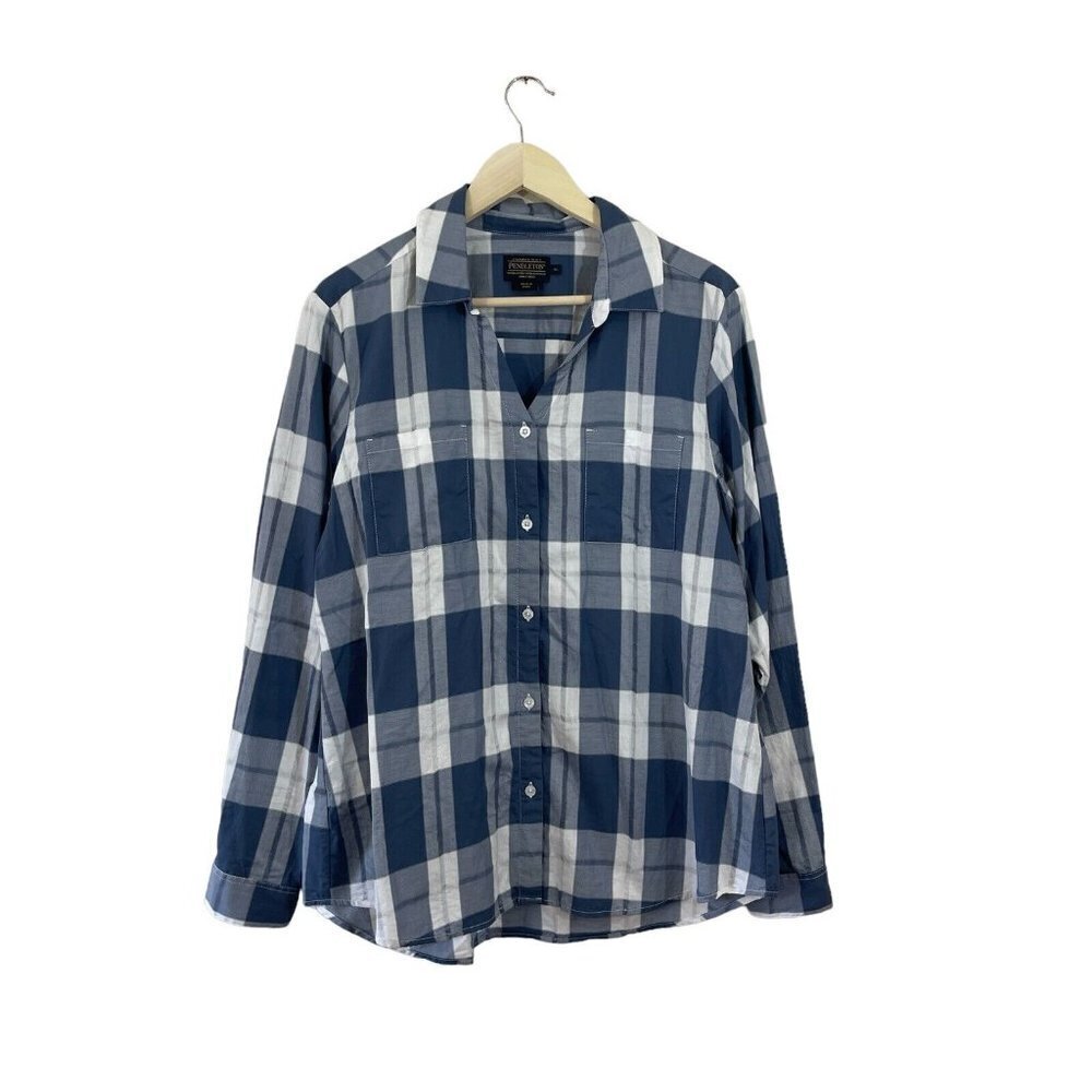 Pendleton X-Large Shirt Button Front Blue White Plaid Long Sleeve Womens